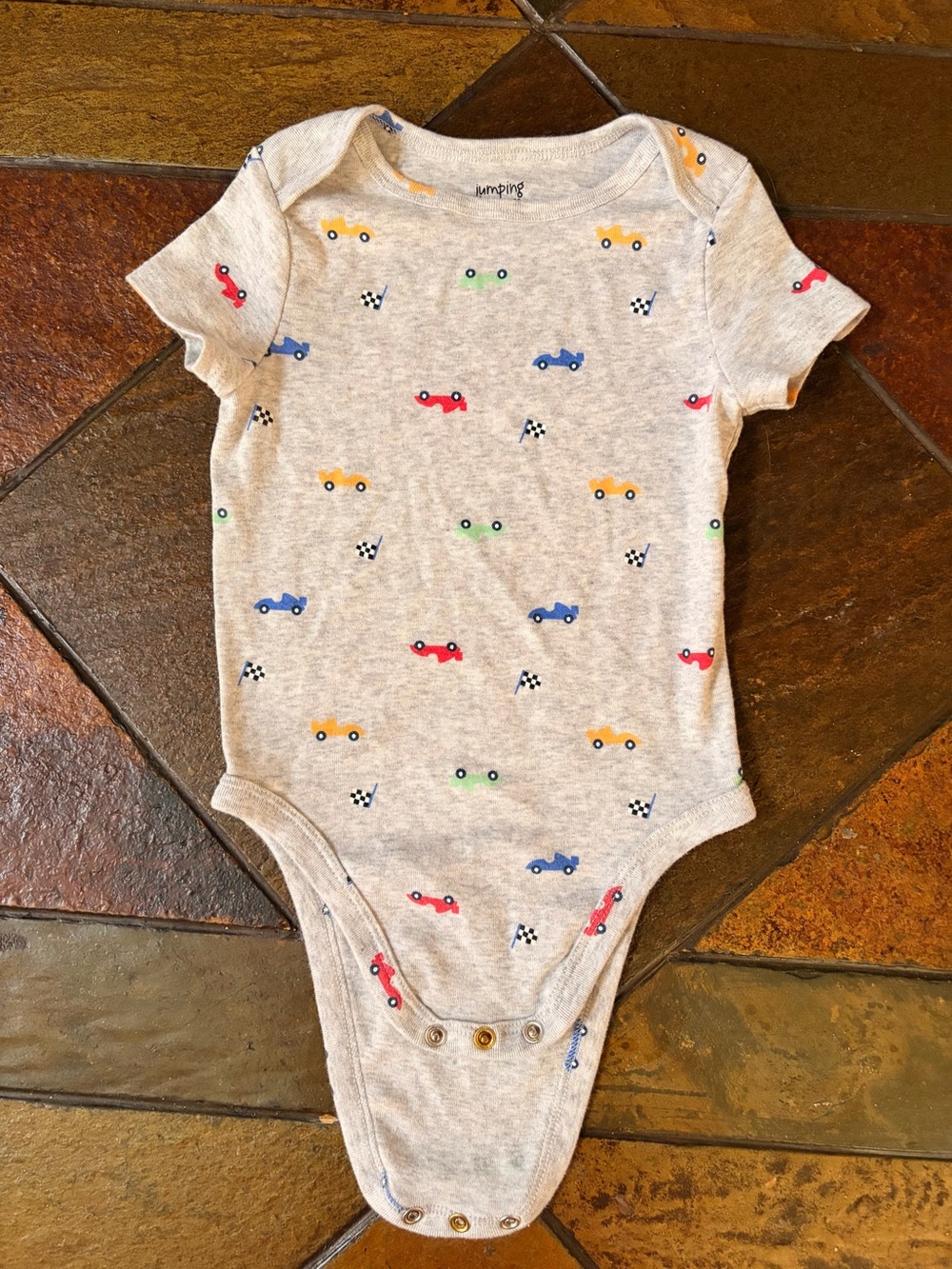jumping beans Heather Gray One-Piece with Red Blue Yellow Green Car Print